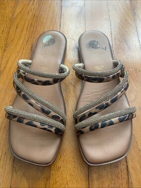 Leopard Print Strappy Slide Sandals with Jewel Accents - Brown